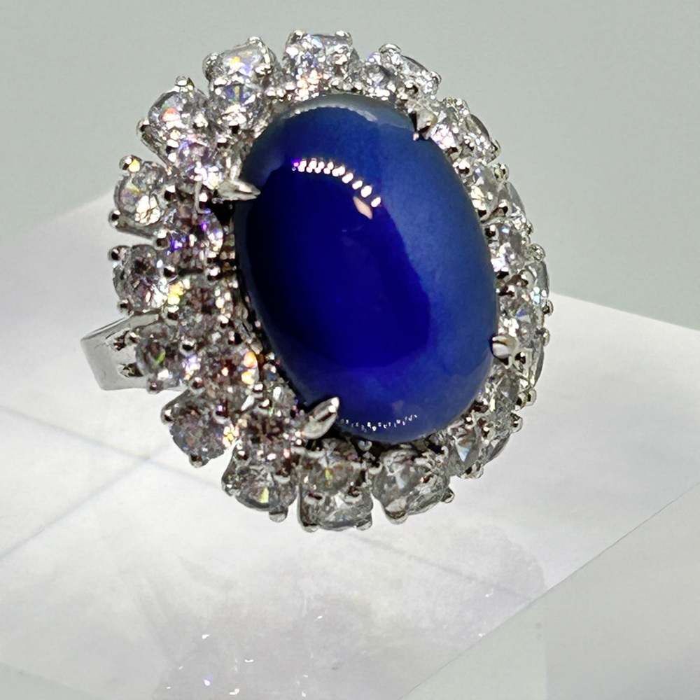 925 Sterling Lg Cabachon Faux Sapphire & Diamond Cocktail Ring